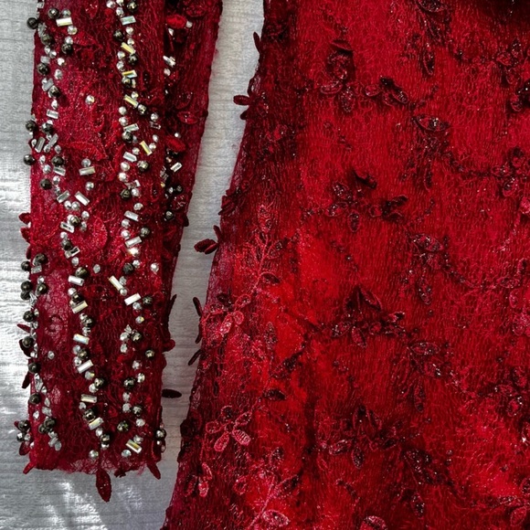 Vintage Beaded Red Gown Maxi Rhinestone Belted Dress 50 Whimsicore - Picture 12 of 14